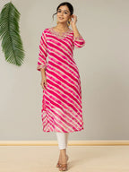 Yufta Pink Georgette Lehriya Embroidery Kurta | Grocsy