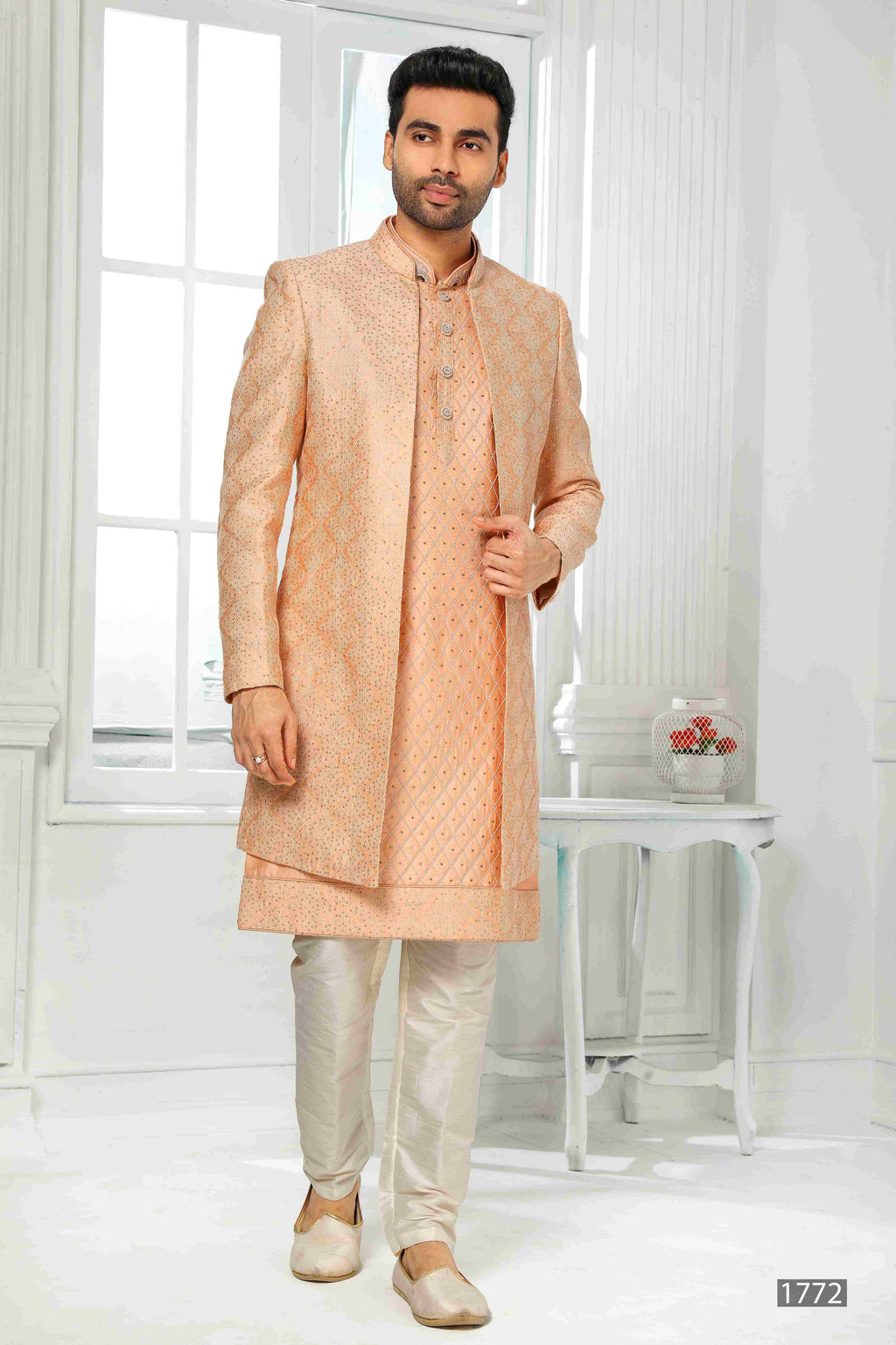 Raivat Ethnic Art Silk Embroidery Work 3 Pcs Indo Jacket Set In Peach Colour | Grocsy