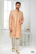 Raivat Ethnic Art Silk Embroidery Work 3 Pcs Indo Jacket Set In Peach Colour | Grocsy