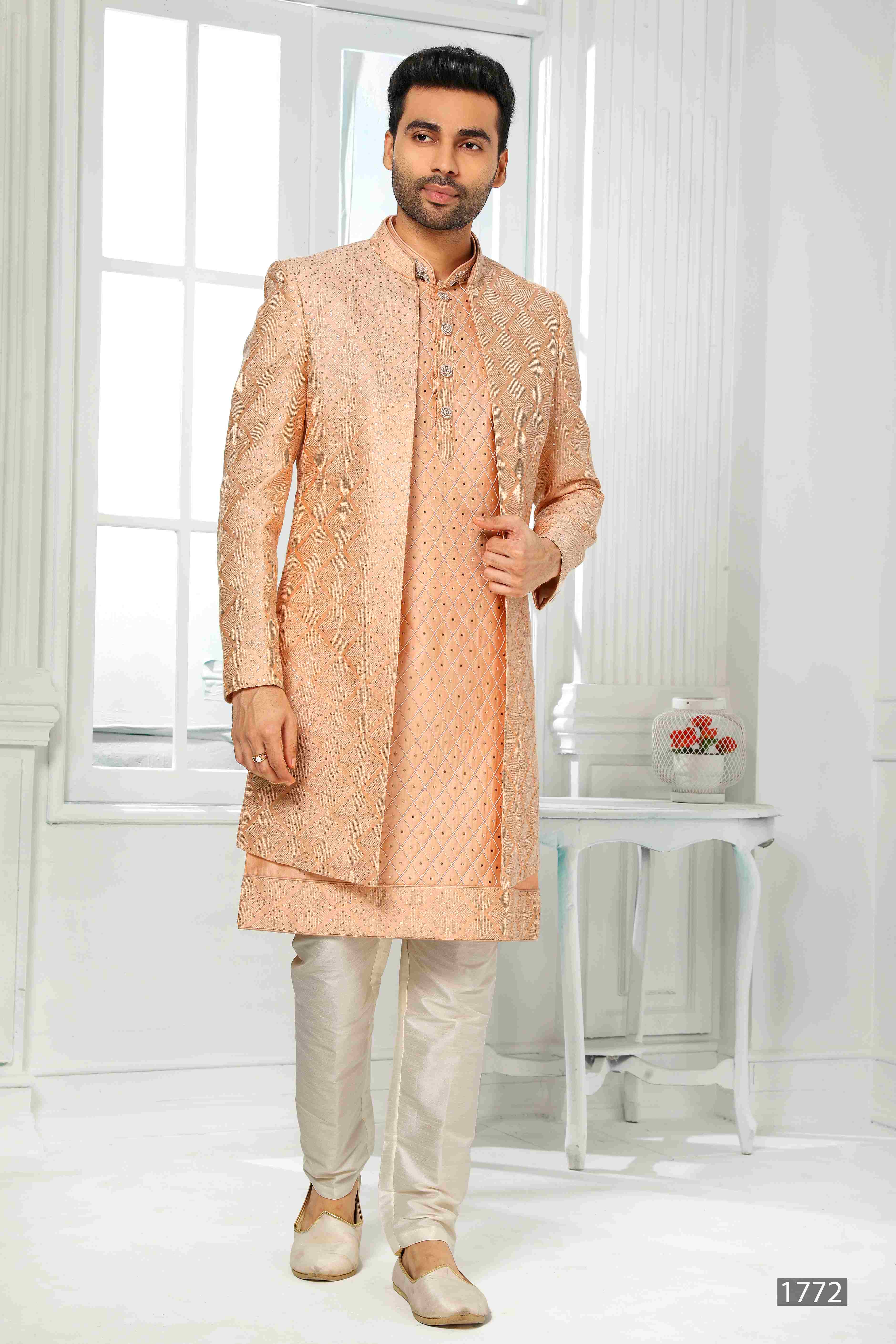 Raivat Ethnic Art Silk Embroidery Work 3 Pcs Indo Jacket Set In Peach Colour | Grocsy