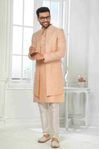 Raivat Ethnic Art Silk Embroidery Work 3 Pcs Indo Jacket Set In Peach Colour | Grocsy