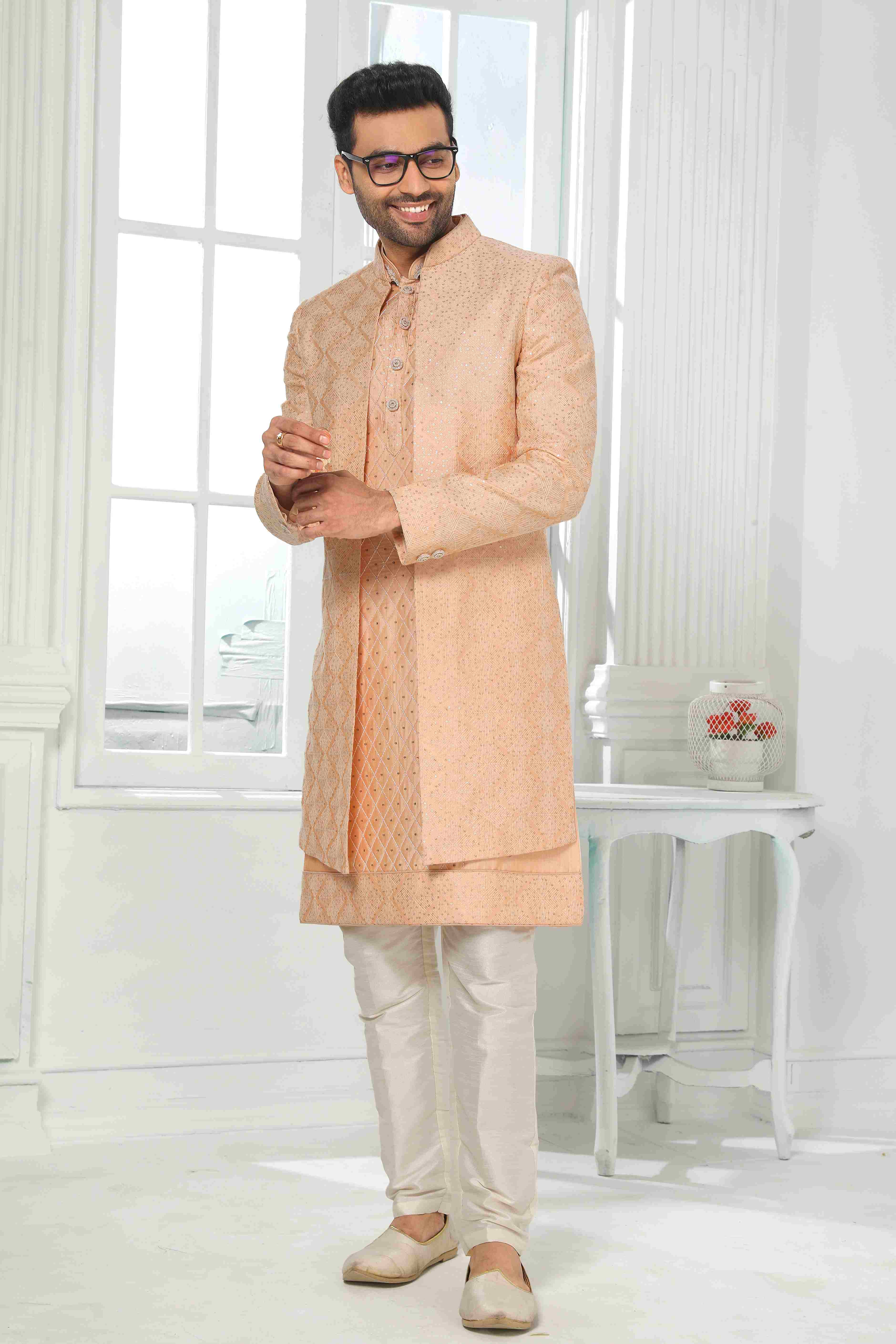 Raivat Ethnic Art Silk Embroidery Work 3 Pcs Indo Jacket Set In Peach Colour | Grocsy