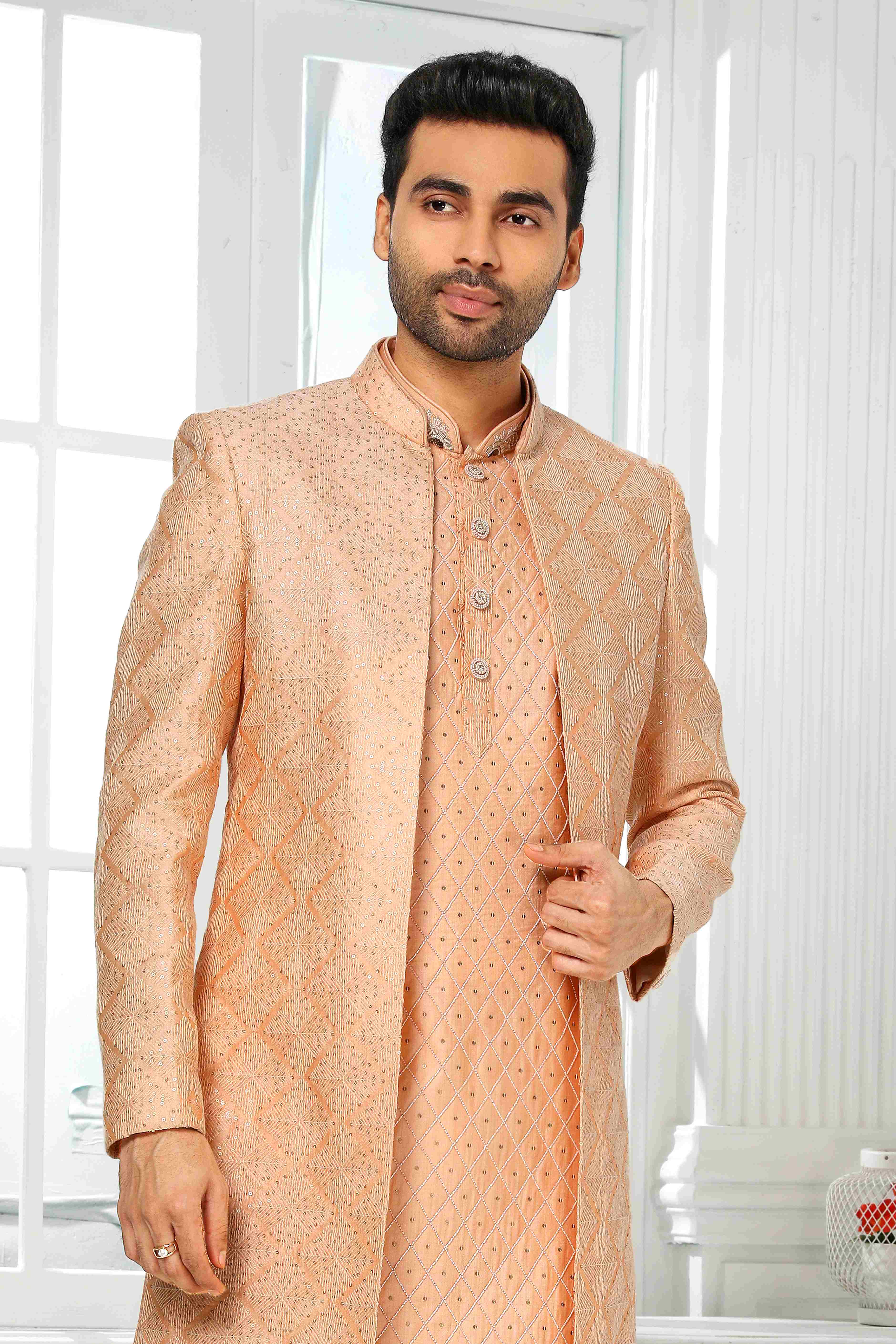 Raivat Ethnic Art Silk Embroidery Work 3 Pcs Indo Jacket Set In Peach Colour | Grocsy