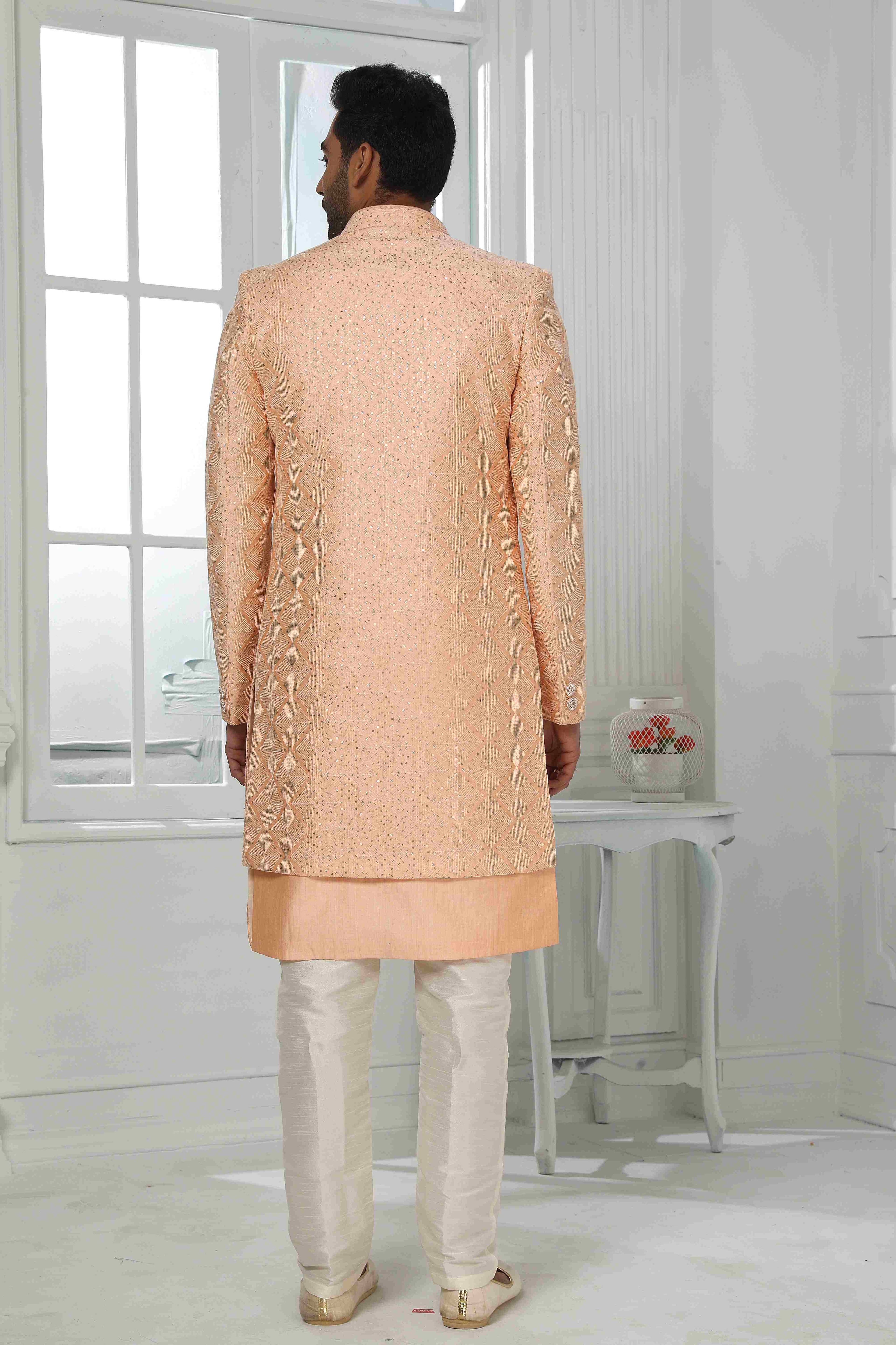 Raivat Ethnic Art Silk Embroidery Work 3 Pcs Indo Jacket Set In Peach Colour | Grocsy