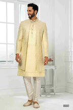 Raivat Ethnic Art Silk Embroidery Work 3 Pcs Indo Jacket Set In Yellow Colour | Grocsy