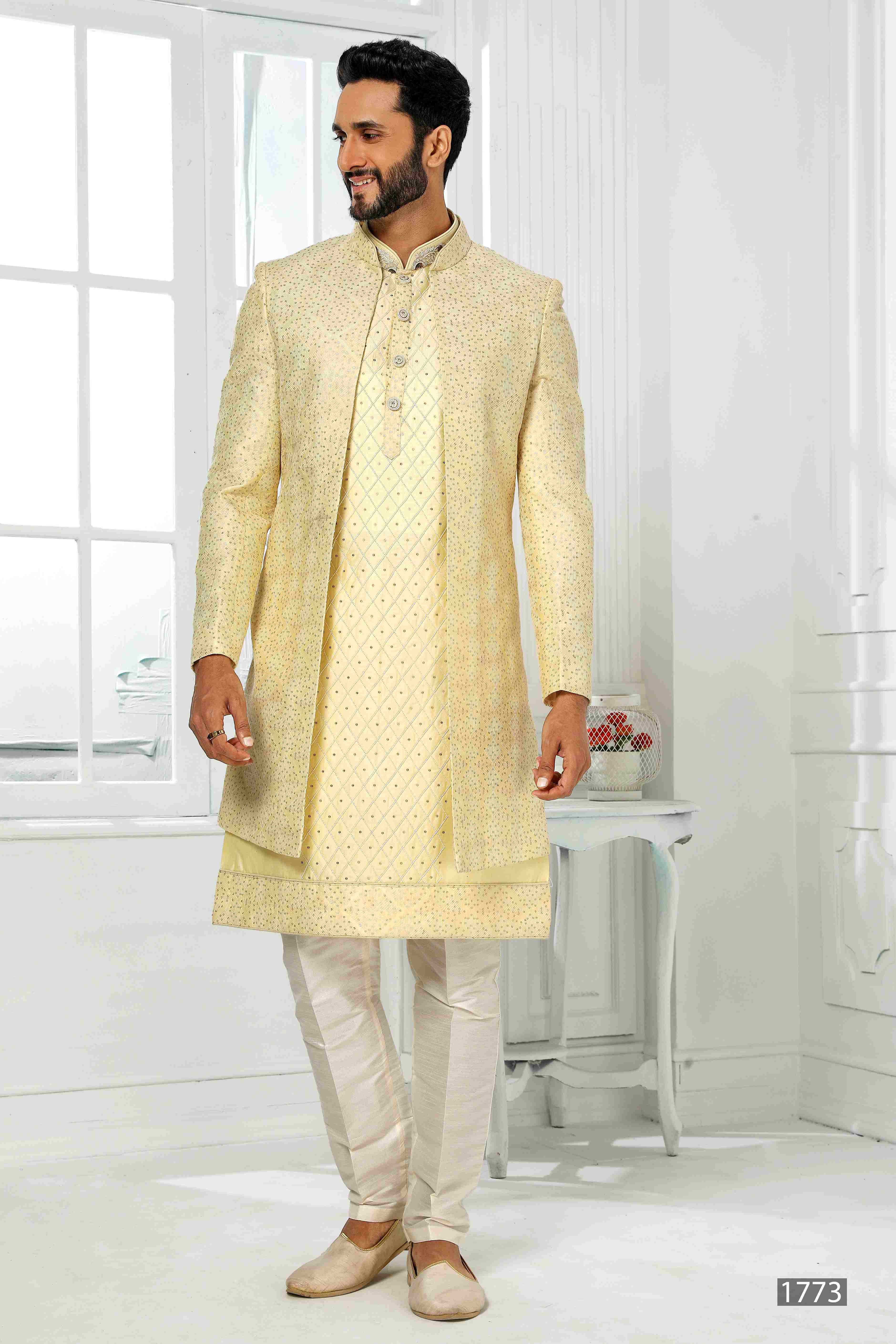 Raivat Ethnic Art Silk Embroidery Work 3 Pcs Indo Jacket Set In Yellow Colour | Grocsy