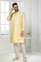 Raivat Ethnic Art Silk Embroidery Work 3 Pcs Indo Jacket Set In Yellow Colour | Grocsy