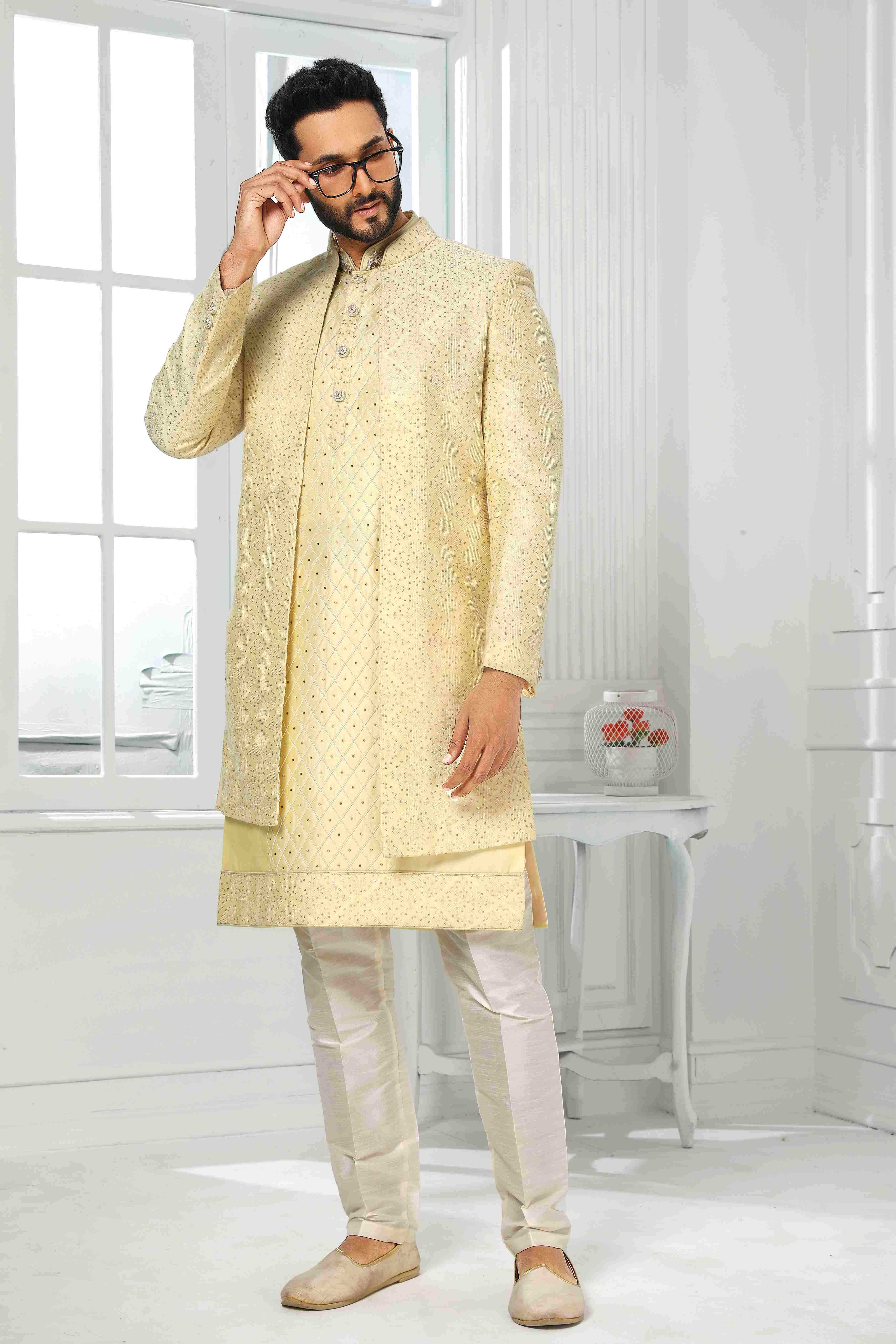 Raivat Ethnic Art Silk Embroidery Work 3 Pcs Indo Jacket Set In Yellow Colour | Grocsy