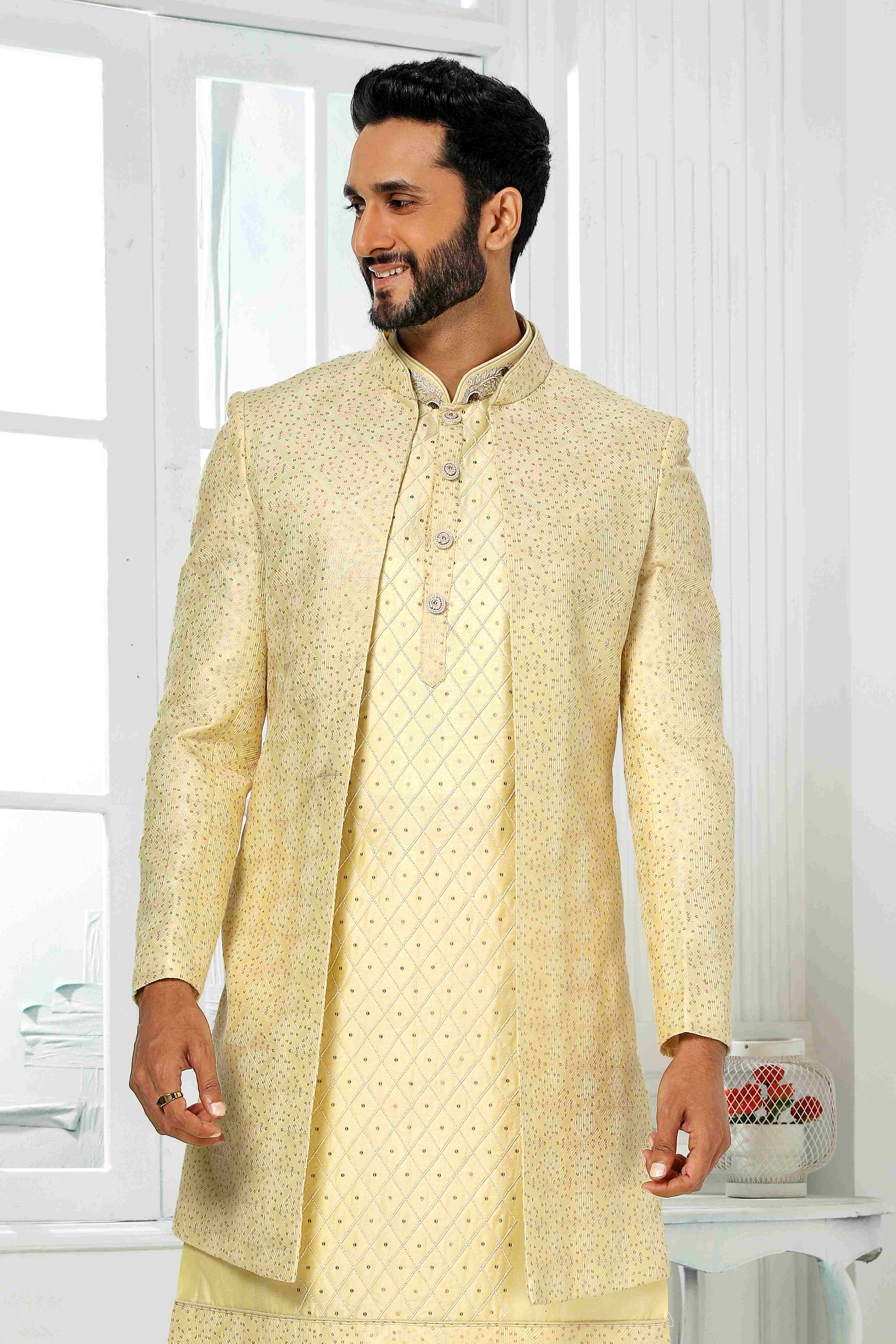 Raivat Ethnic Art Silk Embroidery Work 3 Pcs Indo Jacket Set In Yellow Colour | Grocsy