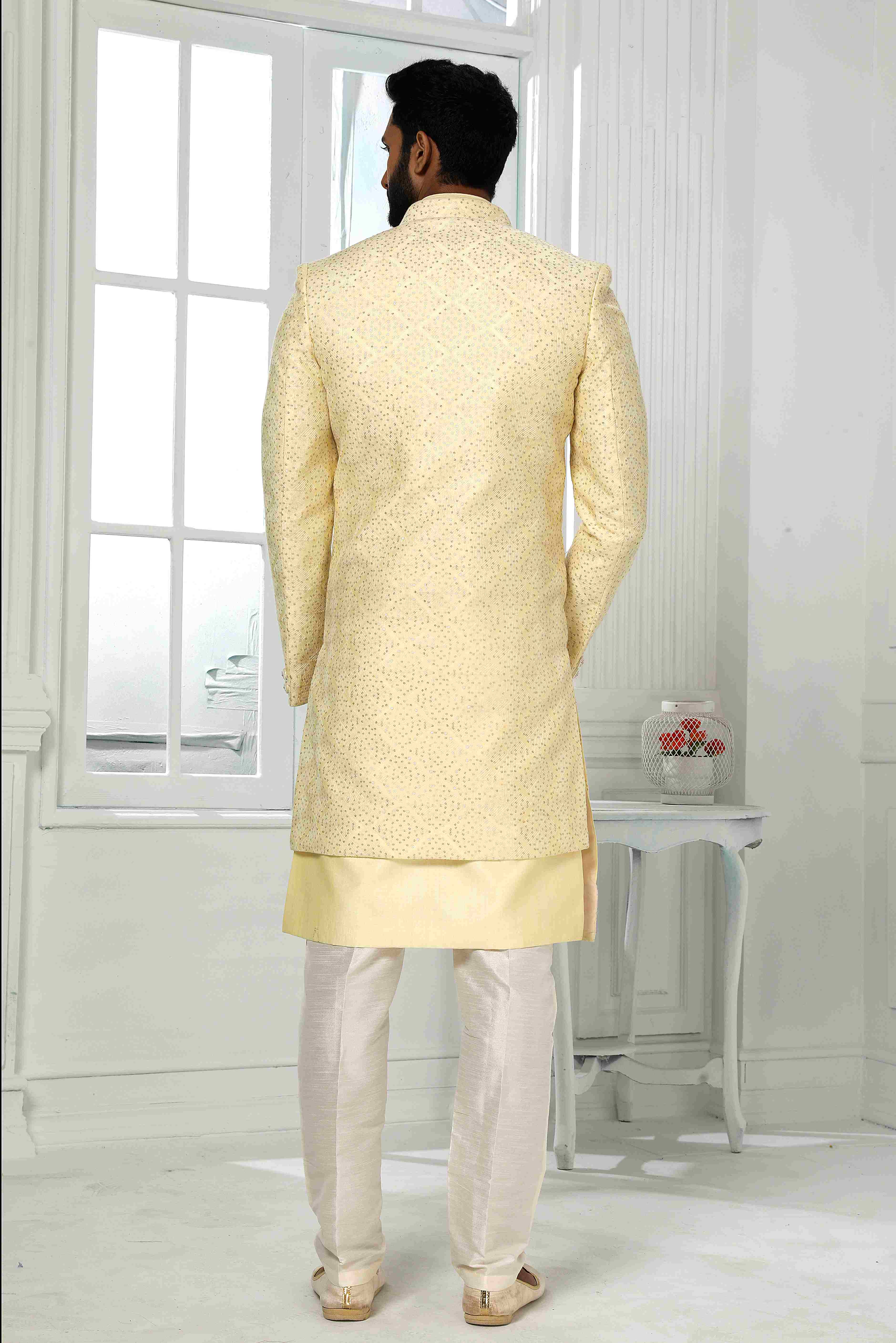 Raivat Ethnic Art Silk Embroidery Work 3 Pcs Indo Jacket Set In Yellow Colour | Grocsy