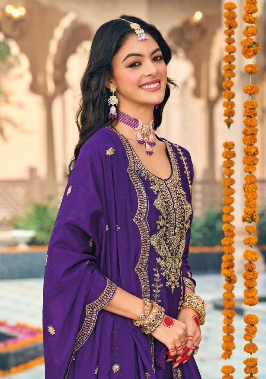 Anaita Purple Embroidered Chinon Sequence Work Stitched Anarkali Suit | Grocsy
