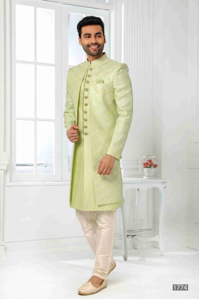 Raivat Ethnic Art Silk Embroidery Work 2 Pcs Indo Jacket Set In Pista Green Colour | Grocsy