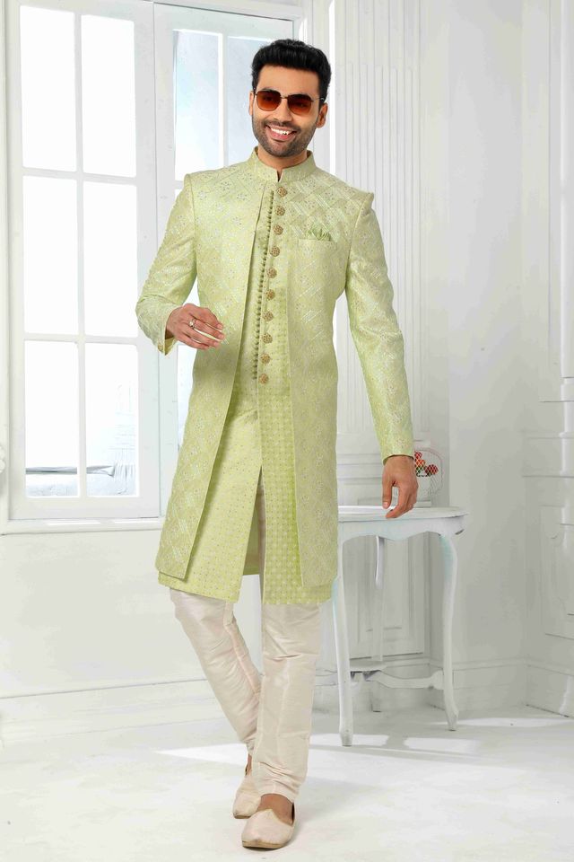 Raivat Ethnic Art Silk Embroidery Work 2 Pcs Indo Jacket Set In Pista Green Colour | Grocsy