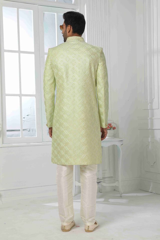 Raivat Ethnic Art Silk Embroidery Work 2 Pcs Indo Jacket Set In Pista Green Colour | Grocsy