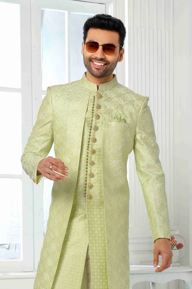 Raivat Ethnic Art Silk Embroidery Work 2 Pcs Indo Jacket Set In Pista Green Colour | Grocsy