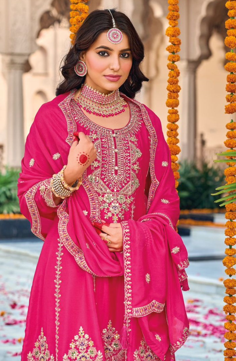 Anaita Rani Pink Embroidered Chinon Sequence Work Stitched Anarkali Suit | Grocsy