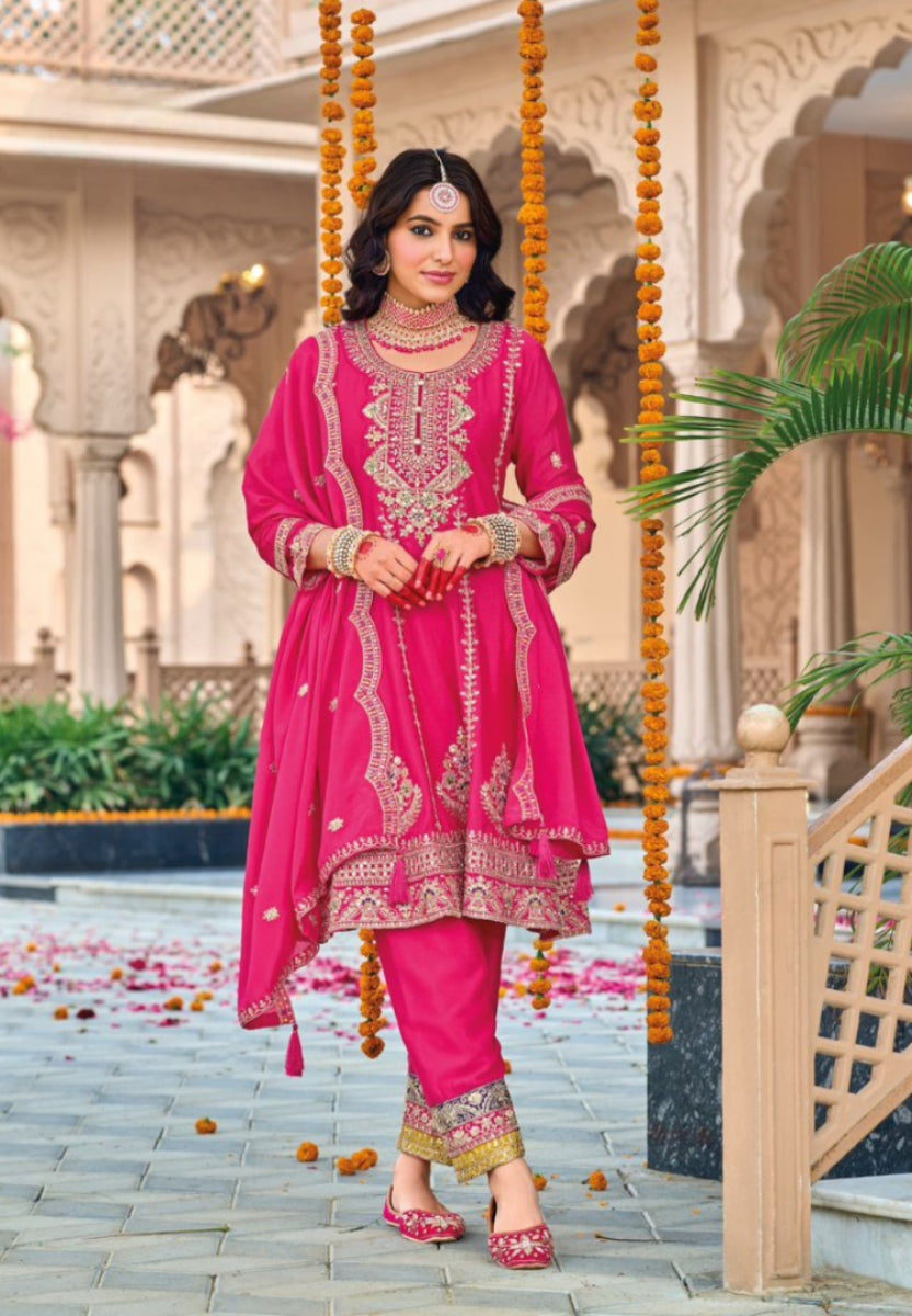 Anaita Rani Pink Embroidered Chinon Sequence Work Stitched Anarkali Suit | Grocsy
