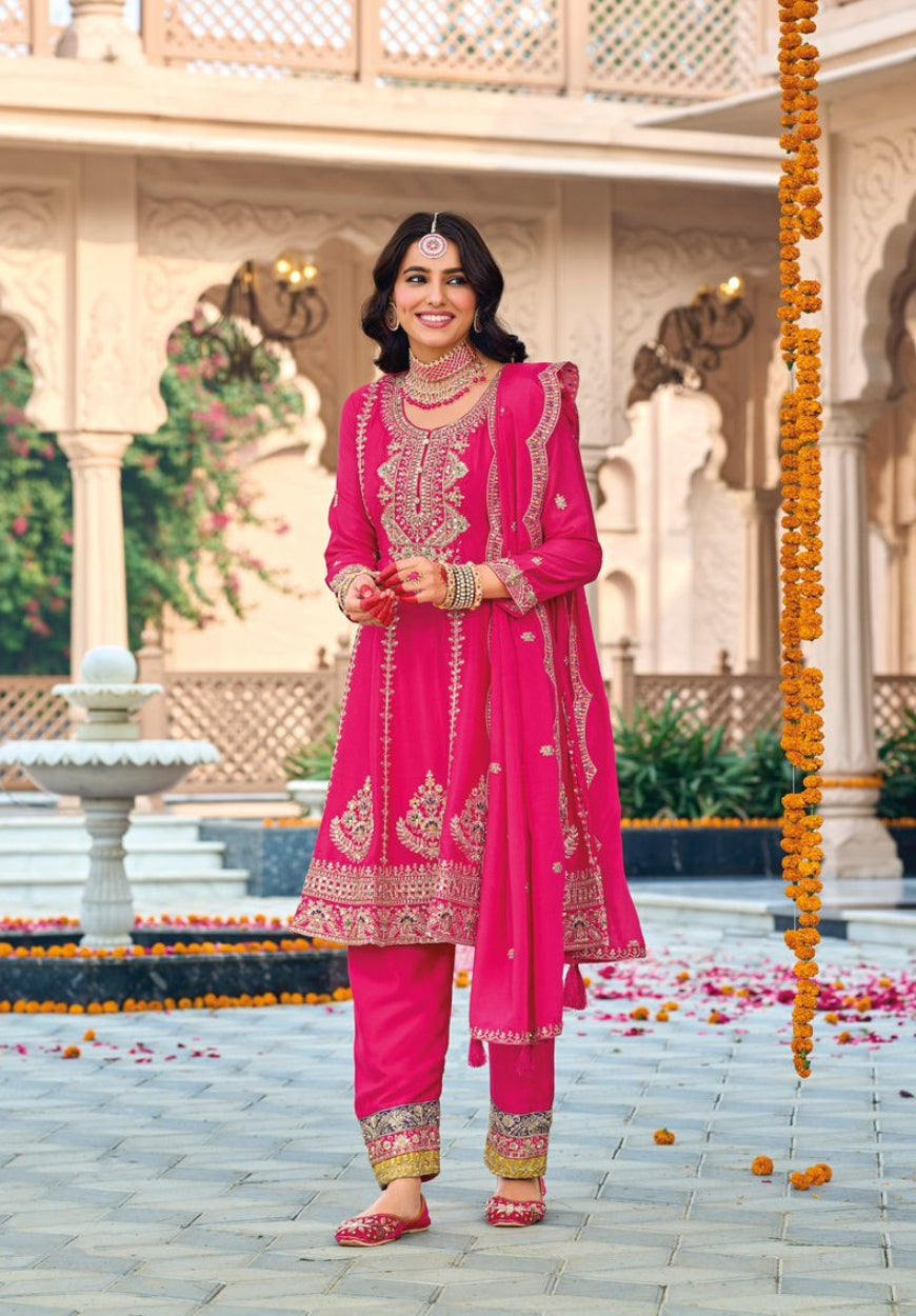 Anaita Rani Pink Embroidered Chinon Sequence Work Stitched Anarkali Suit | Grocsy