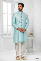 Raivat Ethnic Art Silk Embroidery Work 3 Pcs Indo Jacket Set In Sky Blue Colour | Grocsy