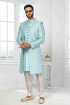 Raivat Ethnic Art Silk Embroidery Work 3 Pcs Indo Jacket Set In Sky Blue Colour | Grocsy