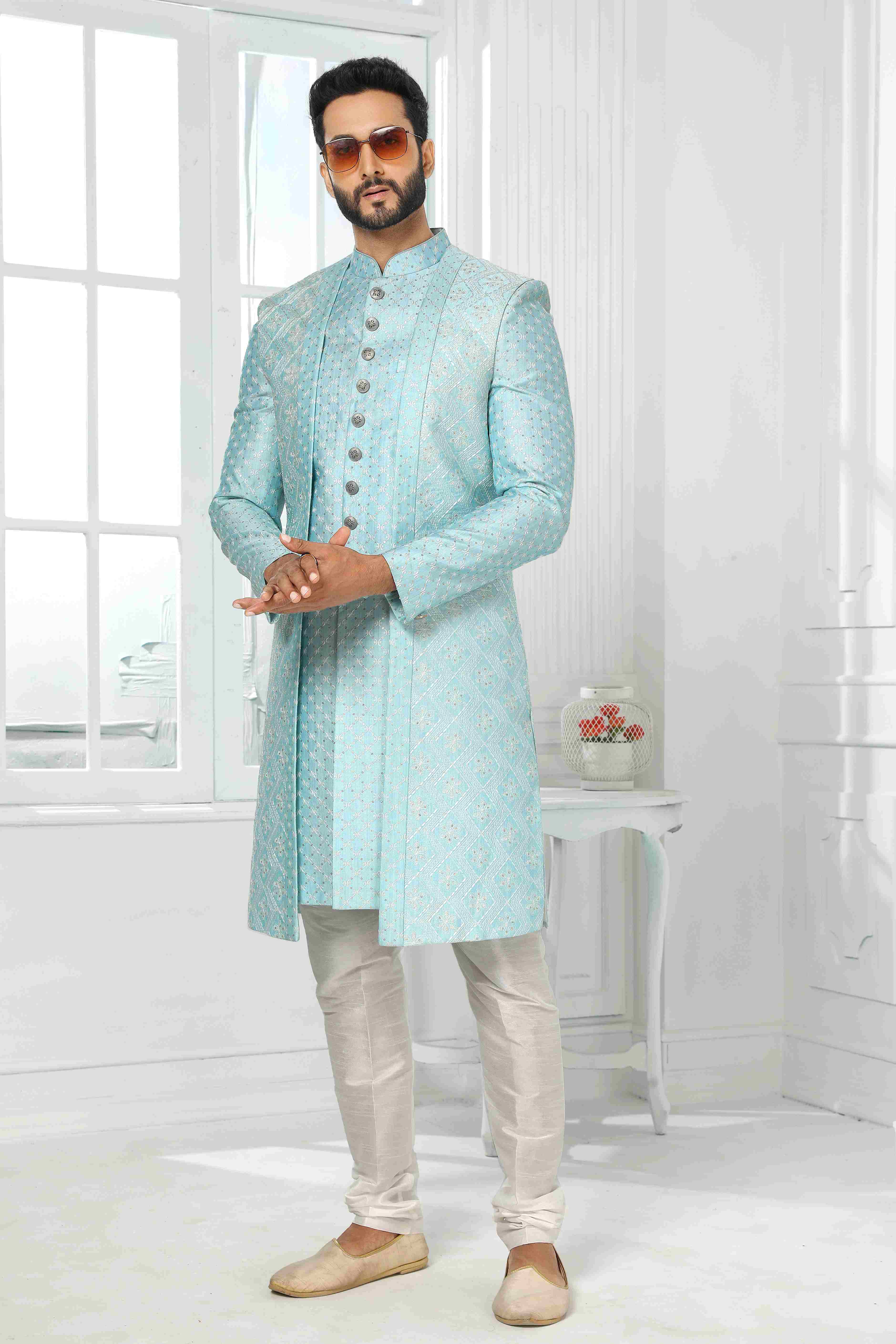 Raivat Ethnic Art Silk Embroidery Work 3 Pcs Indo Jacket Set In Sky Blue Colour | Grocsy