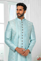 Raivat Ethnic Art Silk Embroidery Work 3 Pcs Indo Jacket Set In Sky Blue Colour | Grocsy