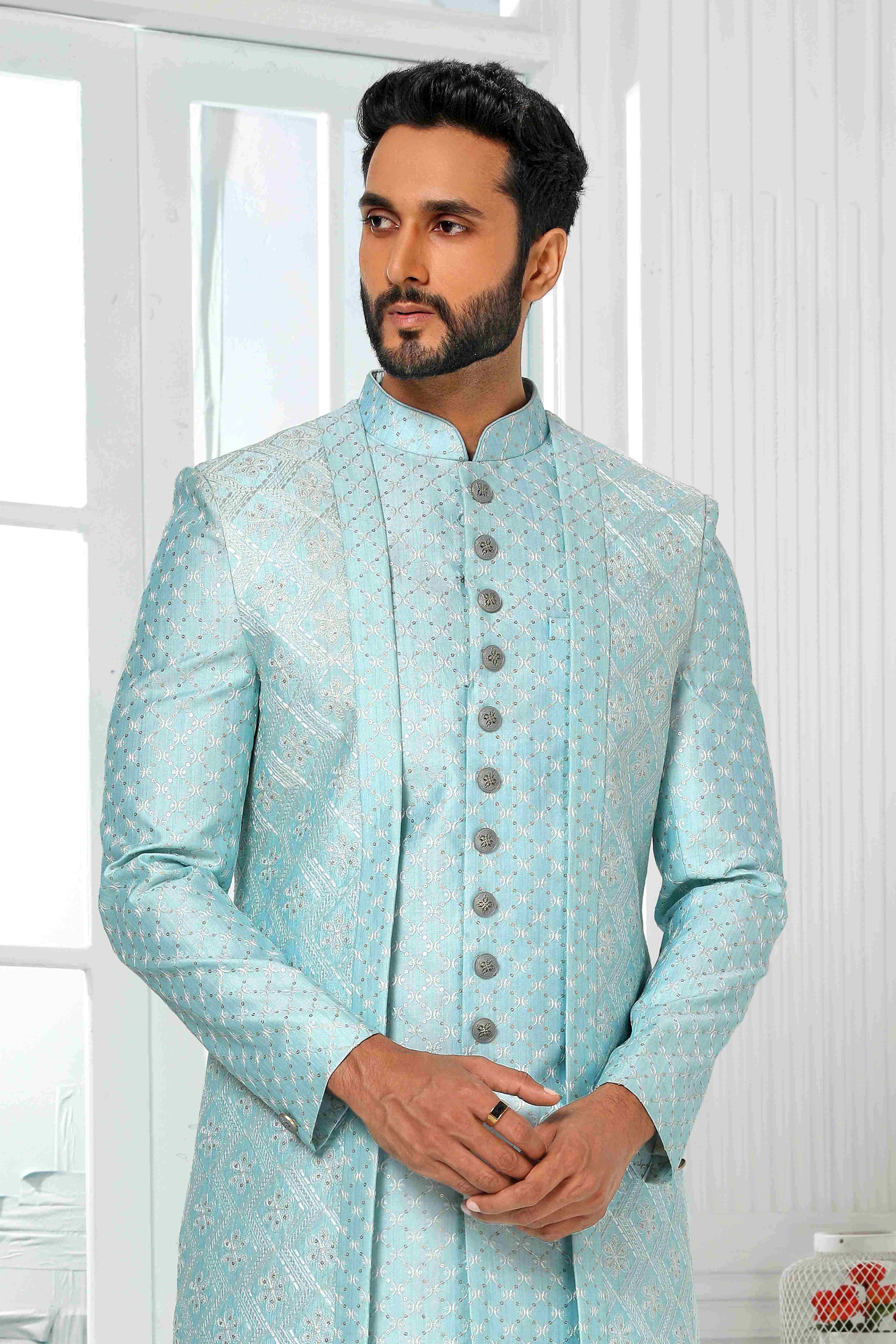 Raivat Ethnic Art Silk Embroidery Work 3 Pcs Indo Jacket Set In Sky Blue Colour | Grocsy