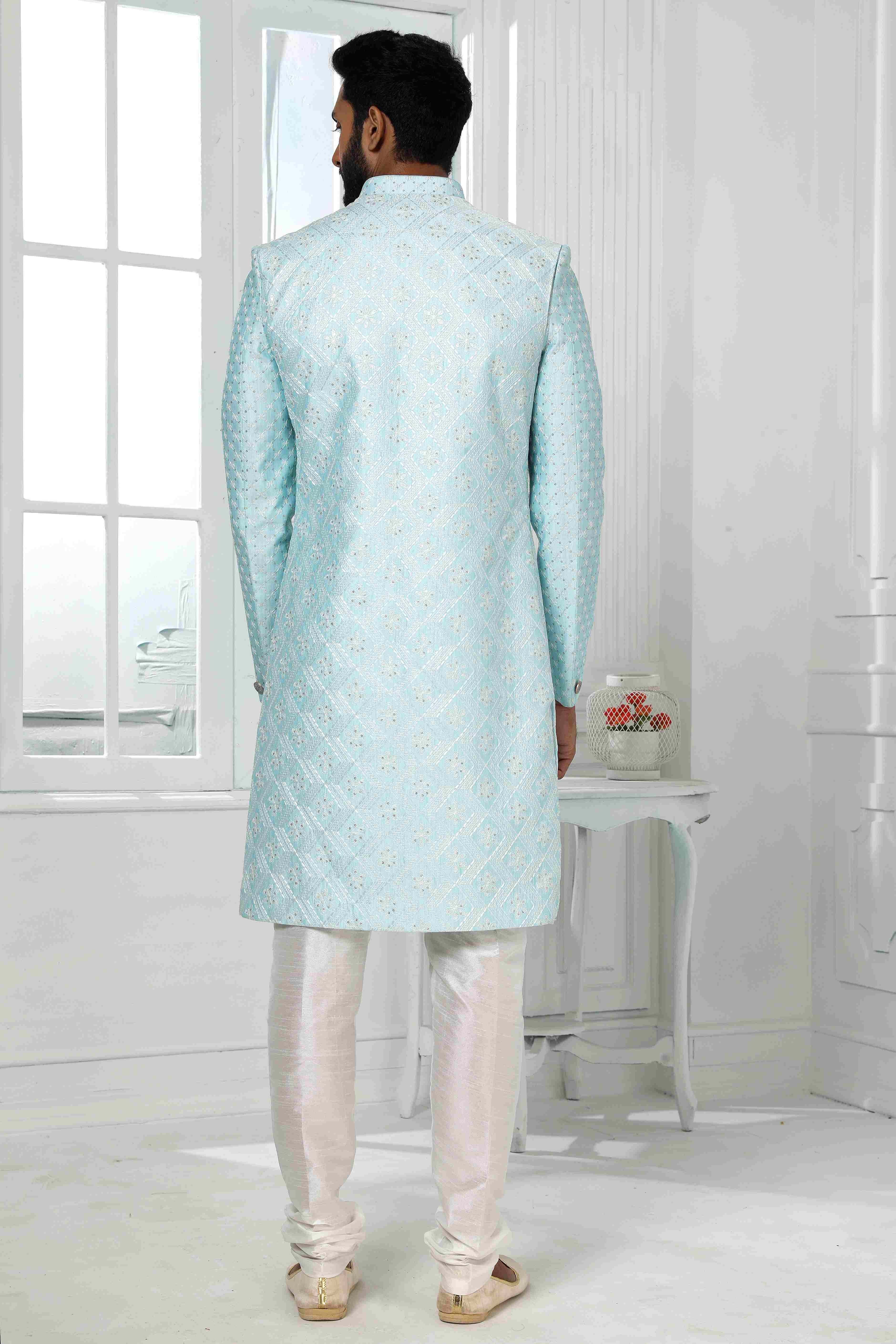 Raivat Ethnic Art Silk Embroidery Work 3 Pcs Indo Jacket Set In Sky Blue Colour | Grocsy