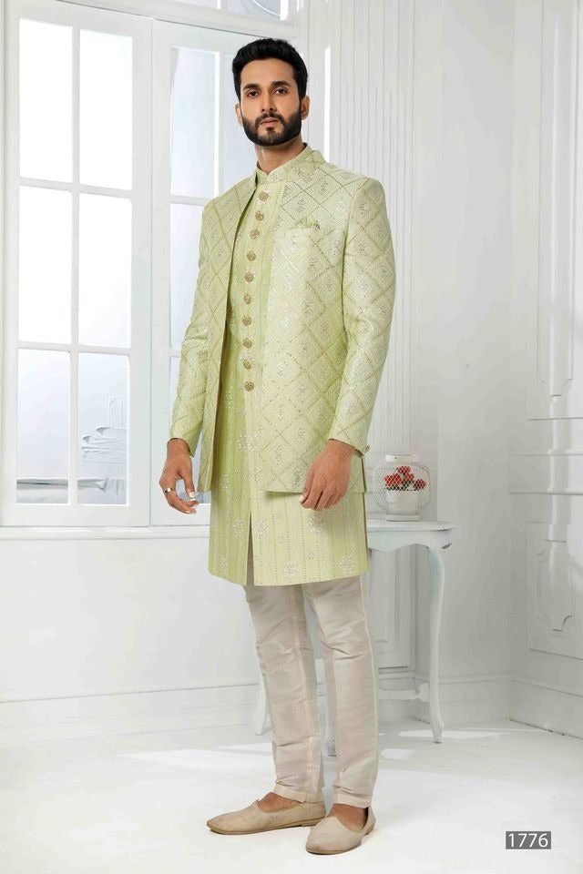 Raivat Ethnic Art Silk Embroidery Work 3 Pcs Indo Jacket Set In Pista Green Colour | Grocsy