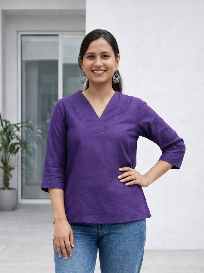 Myshka Women Purple Linen V-Neck Three-Fourth Sleeve Top | Grocsy