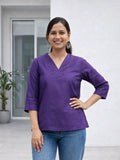 Myshka Women Purple Linen V-Neck Three-Fourth Sleeve Top | Grocsy
