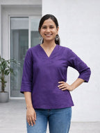 Myshka Women Purple Linen V-Neck Three-Fourth Sleeve Top | Grocsy