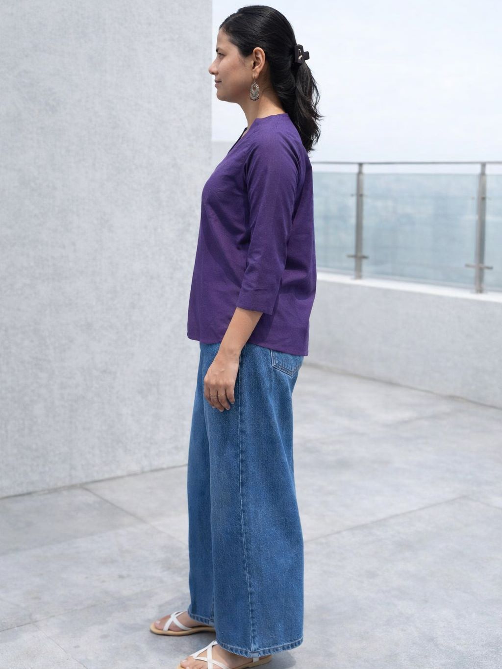 Myshka Women Purple Linen V-Neck Three-Fourth Sleeve Top | Grocsy