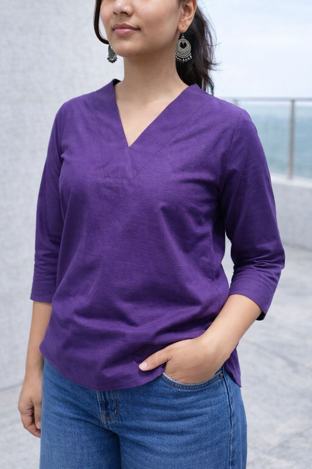 Myshka Women Purple Linen V-Neck Three-Fourth Sleeve Top | Grocsy