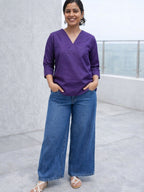 Myshka Women Purple Linen V-Neck Three-Fourth Sleeve Top | Grocsy