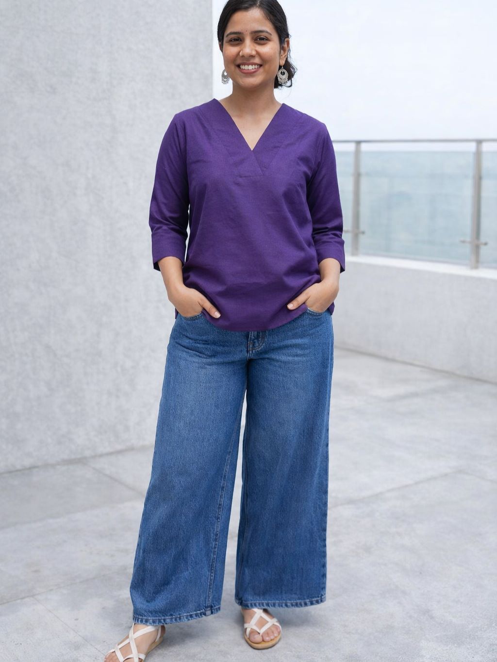 Myshka Women Purple Linen V-Neck Three-Fourth Sleeve Top | Grocsy