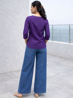 Myshka Women Purple Linen V-Neck Three-Fourth Sleeve Top | Grocsy