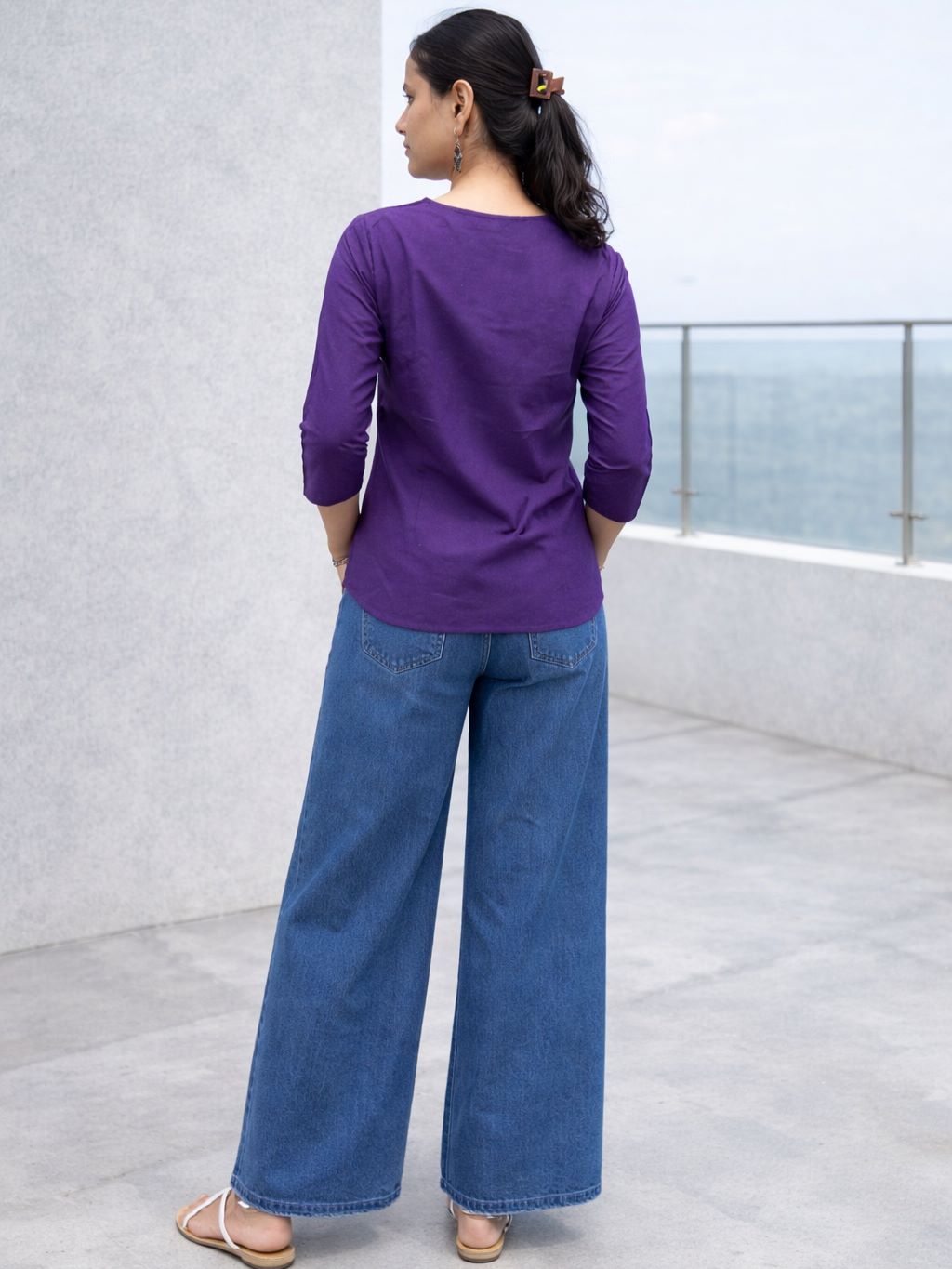 Myshka Women Purple Linen V-Neck Three-Fourth Sleeve Top | Grocsy