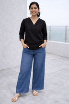 Myshka Women Black Linen V-Neck Three-Fourth Sleeve Top | Grocsy