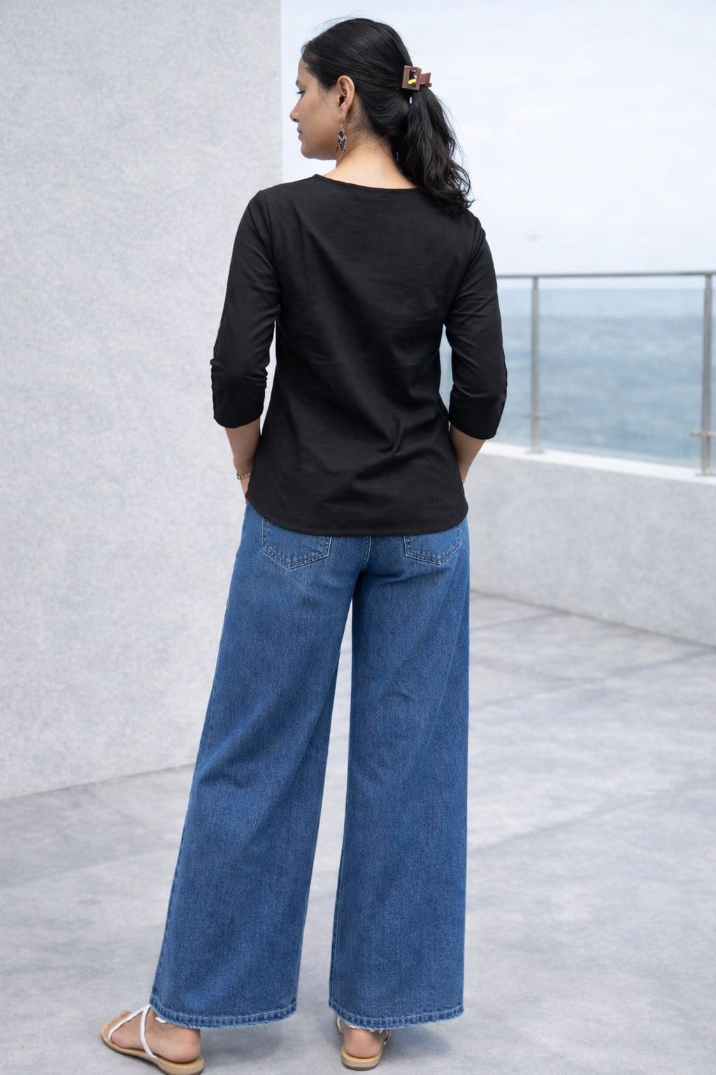 Myshka Women Black Linen V-Neck Three-Fourth Sleeve Top | Grocsy