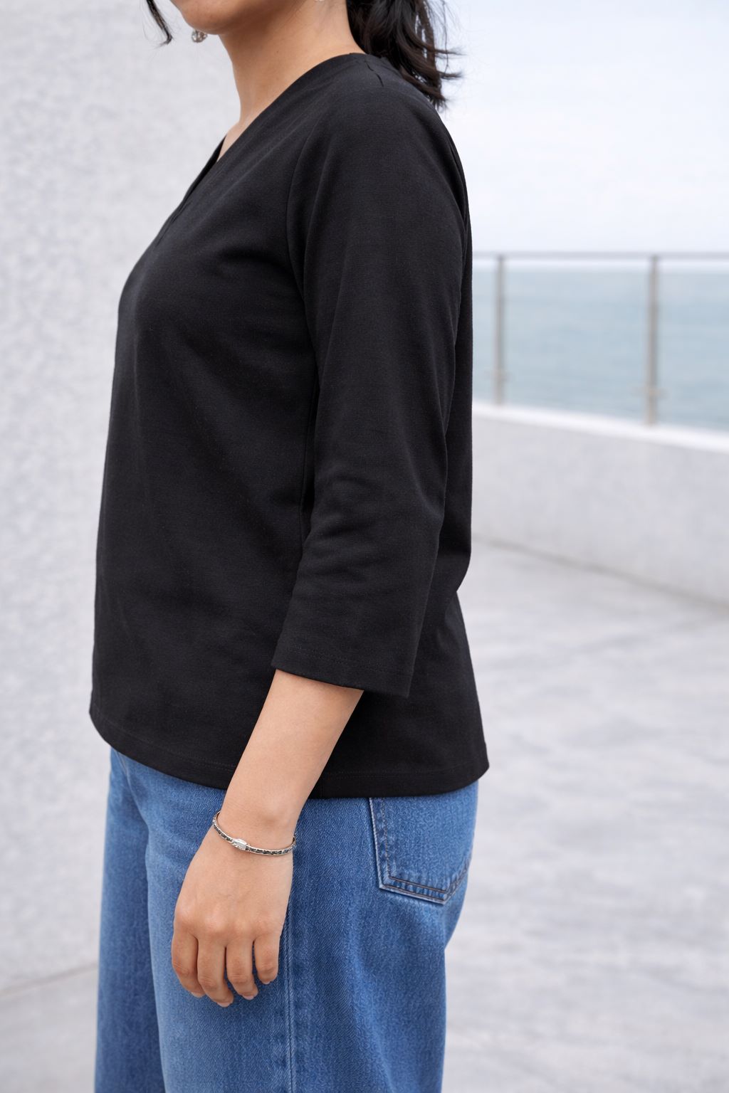 Myshka Women Black Linen V-Neck Three-Fourth Sleeve Top | Grocsy