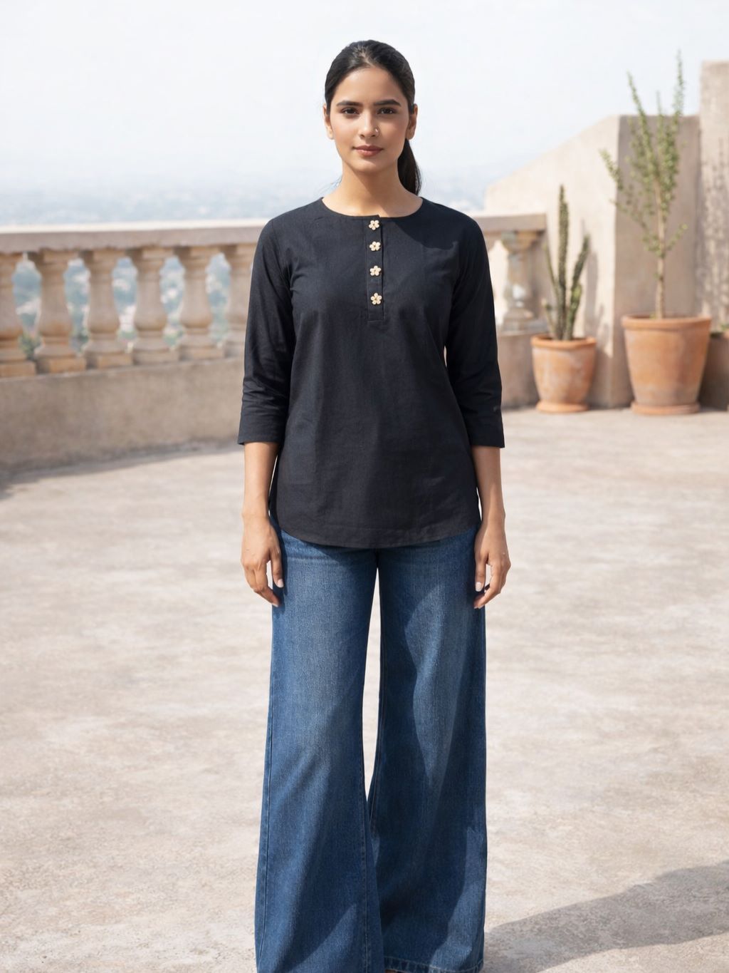 Myshka Women Black Linen Front Opening Three-Fourth Sleeve Longline Top | Grocsy