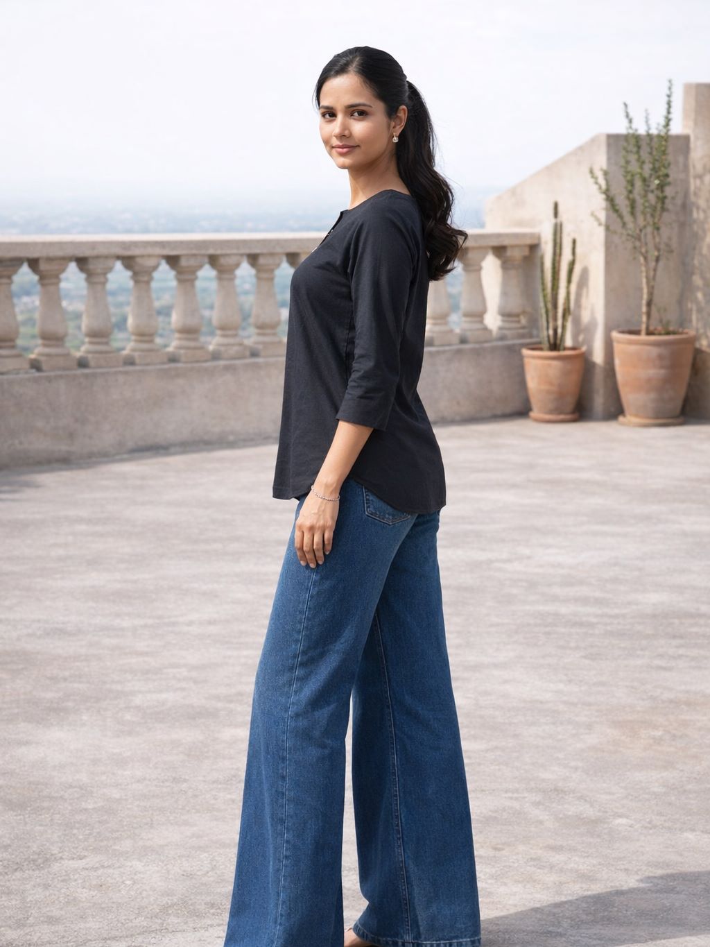 Myshka Women Black Linen Front Opening Three-Fourth Sleeve Longline Top | Grocsy
