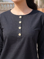 Myshka Women Black Linen Front Opening Three-Fourth Sleeve Longline Top | Grocsy