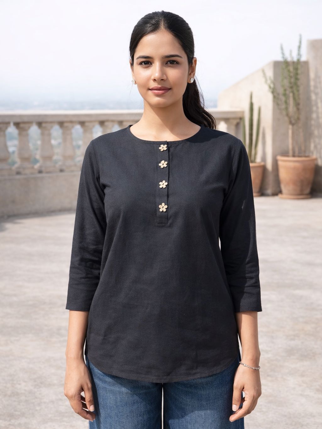 Myshka Women Black Linen Front Opening Three-Fourth Sleeve Longline Top | Grocsy