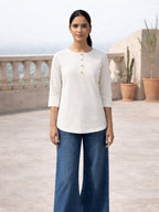 Myshka Women White Linen Front Opening Three-Fourth Sleeve Longline Top | Grocsy