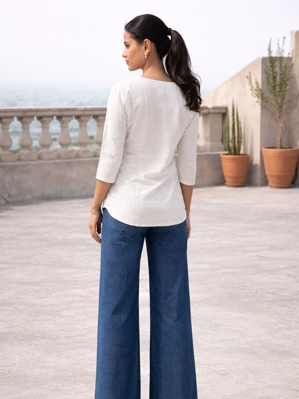 Myshka Women White Linen Front Opening Three-Fourth Sleeve Longline Top | Grocsy