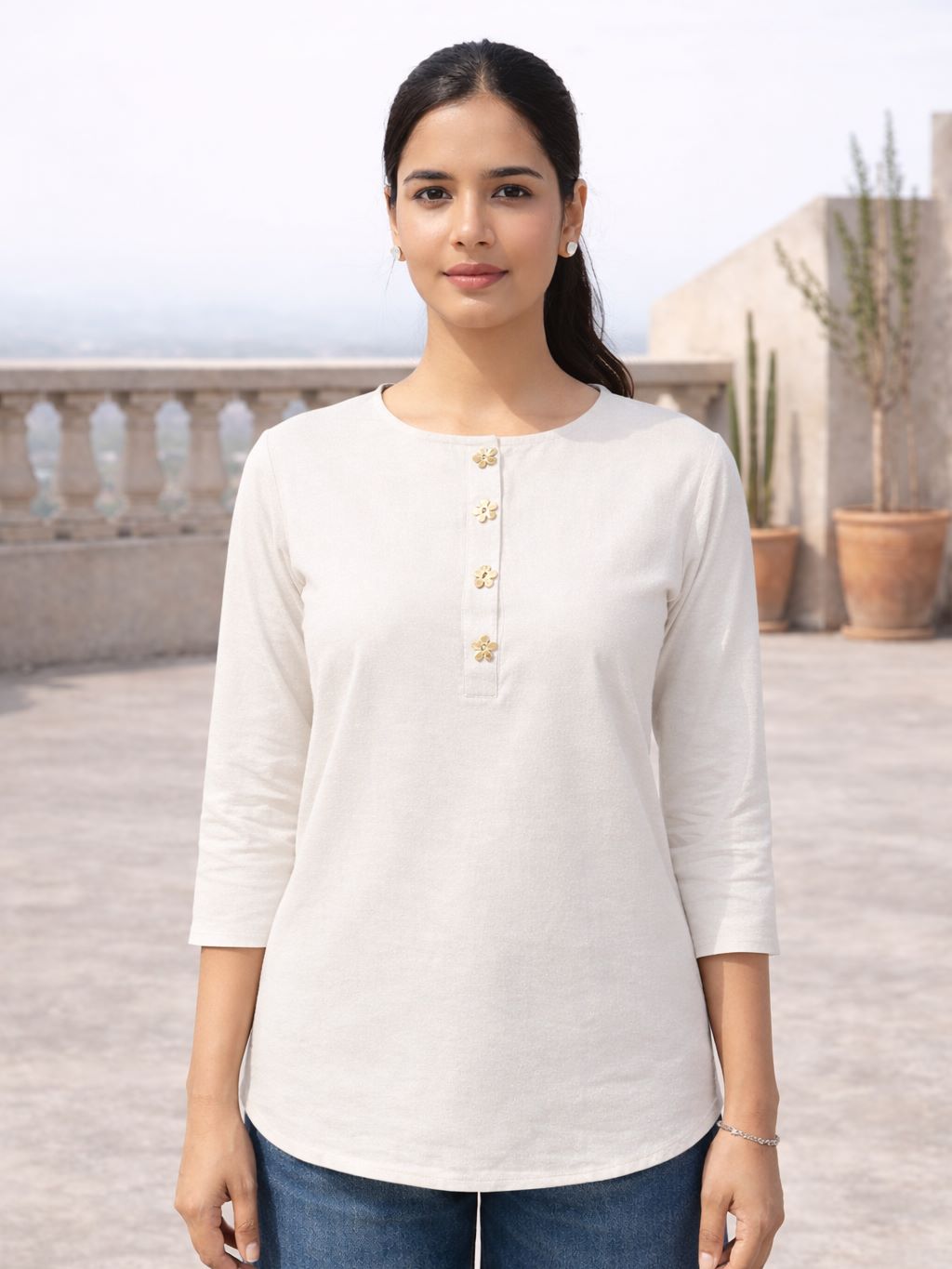 Myshka Women White Linen Front Opening Three-Fourth Sleeve Longline Top | Grocsy