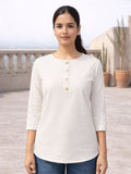 Myshka Women White Linen Front Opening Three-Fourth Sleeve Longline Top | Grocsy