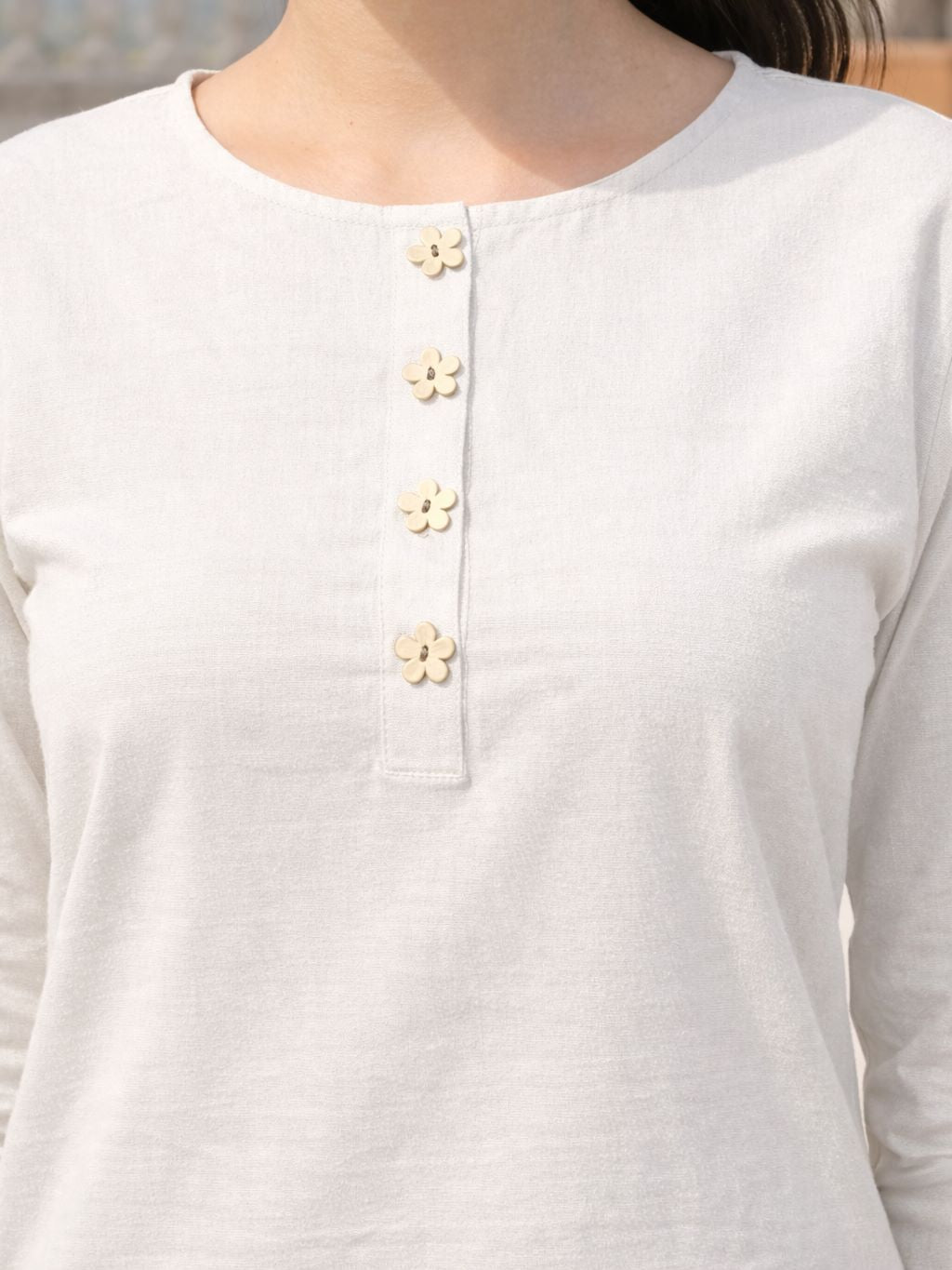 Myshka Women White Linen Front Opening Three-Fourth Sleeve Longline Top | Grocsy